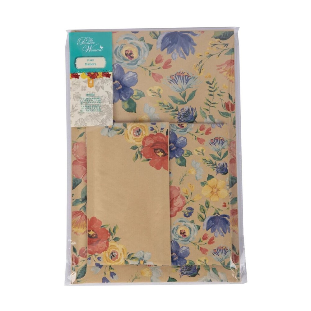 Pioneer Woman Delaney Kraft Bubble Mailers Floral Padded Envelope 4pc Set Blue
